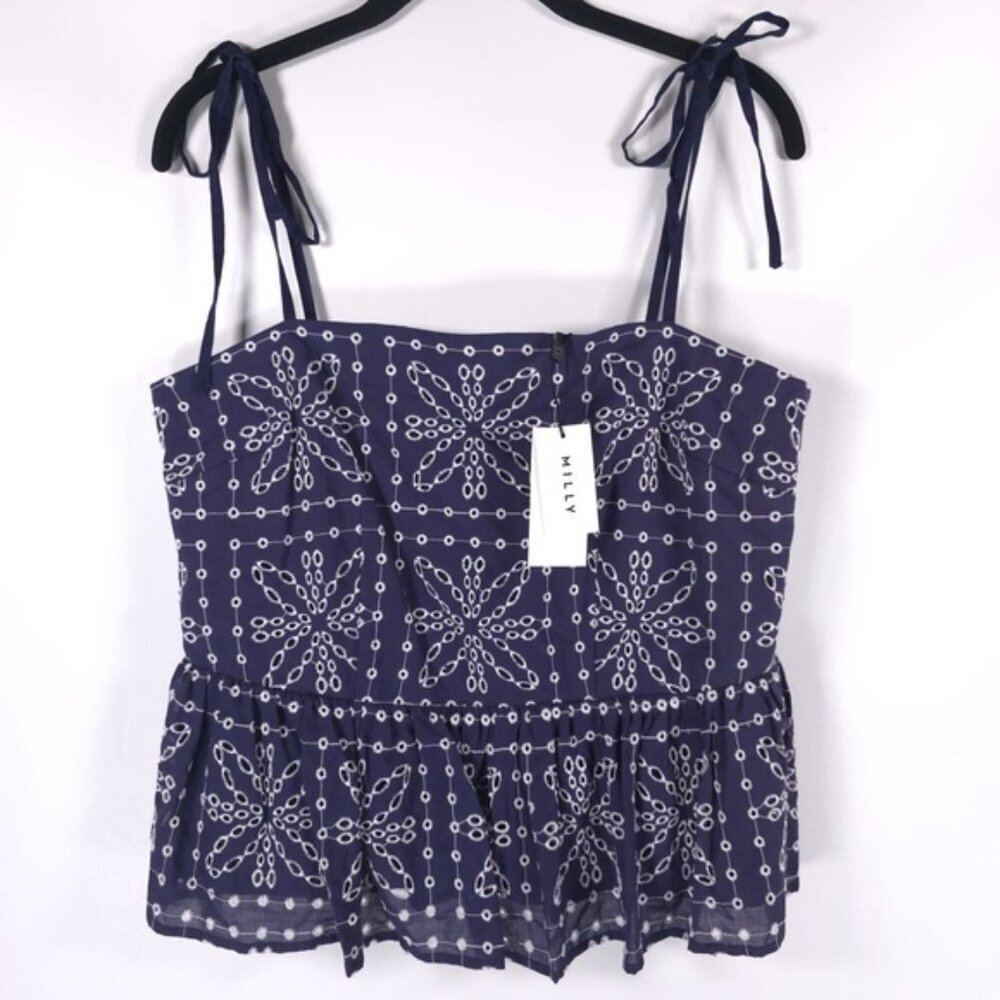 NWT MILLY Enzo Floral Tile Eyelet Peplum Top 72ET21 Size MEDIUM - Picture 3 of 15